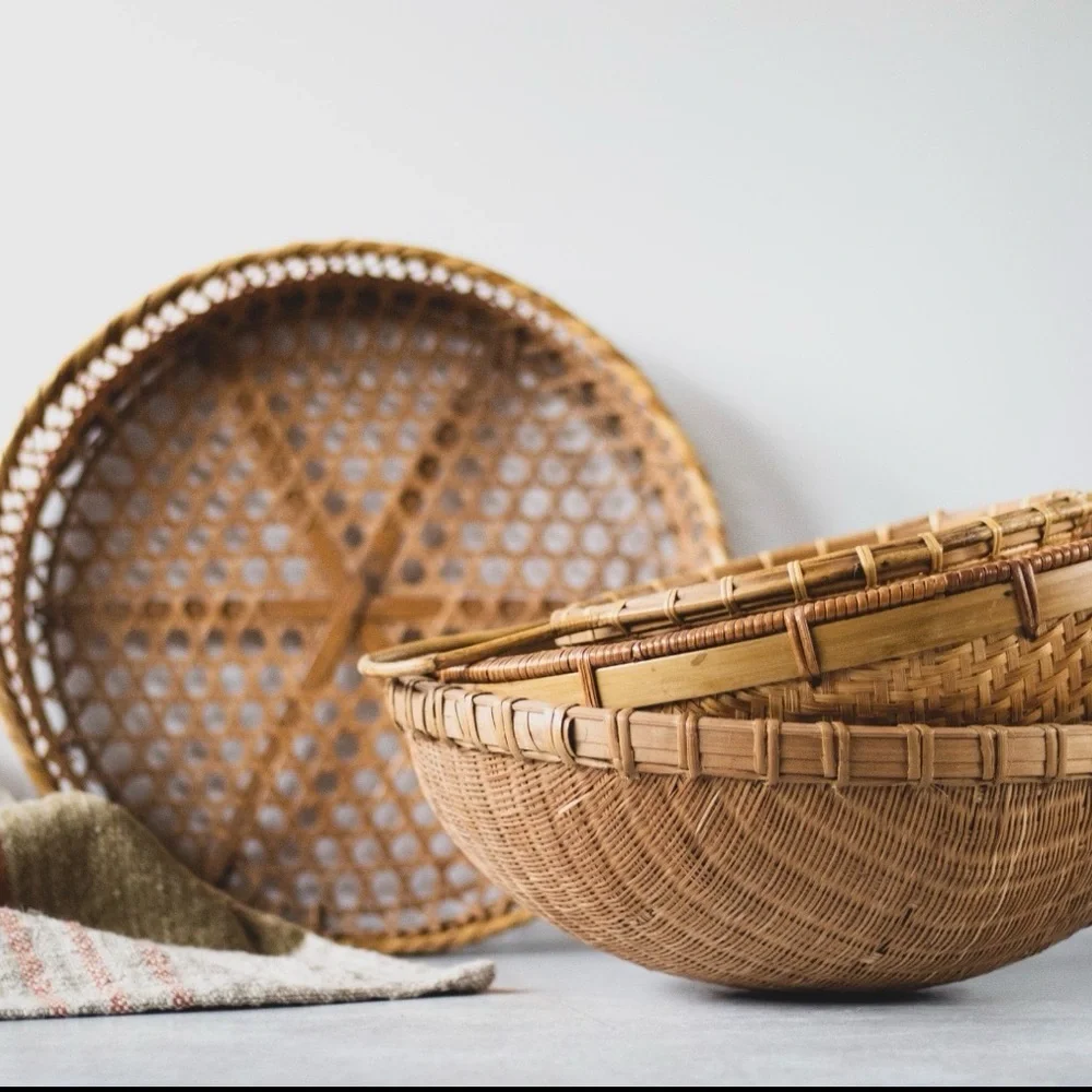 Vintage Round Domed Winnowing Strainer Basket Bowl Rattan Wicker Boho